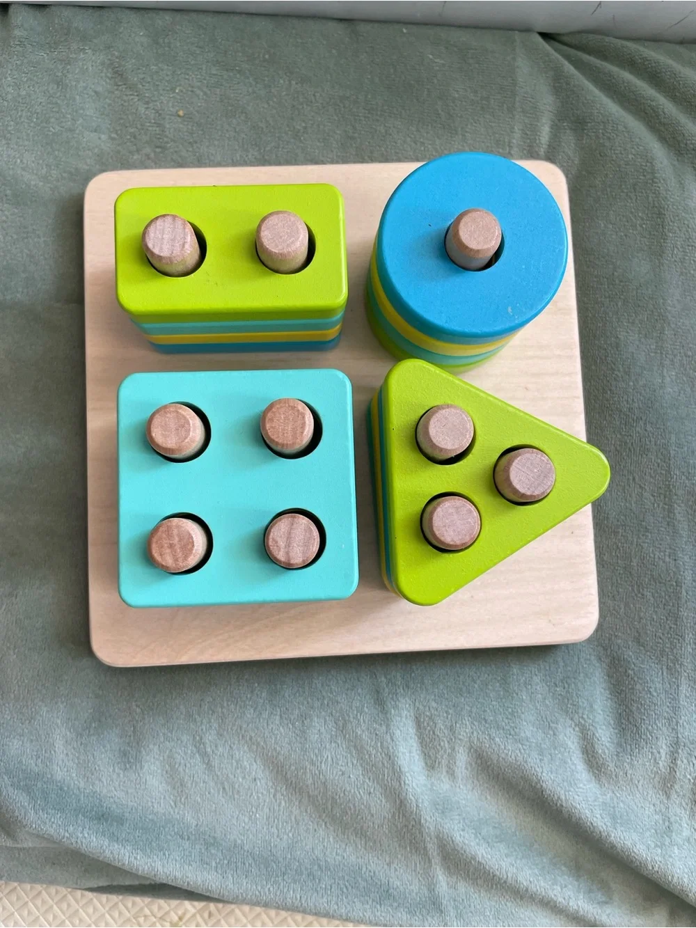Wooden Shape Sorting & Stacking Toy in Blue and Lime Puzzle